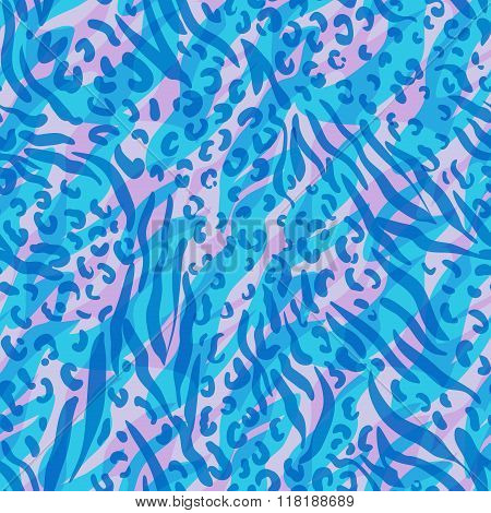 seamless animal patterns. Zebra stripes with tiger and leopard spots on a colorful background. Easily editable layers of design for fashion or interior.