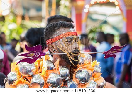 Georgetown, Penang, Malaysia - January 24, 2016 : Hindu Devotee Taking Part In The Thaipusam Festiva