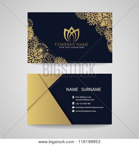 Business Card - Gold Floral Frame And Lotus Logo And Gold Paper On Dark Blue Background