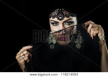 Beautiful Caucasian Young Woman With Black Veil On Face, Fency Arabian Costume