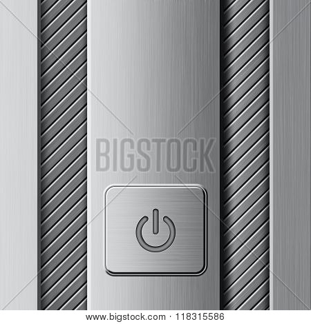 Polished metal background with a power button