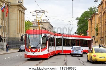 SAINT PETERSBURG RUSSIA - MAY 26: Modern russian tramway 71-631-02 takes part at the Retro Urban Transport Parade on May 26 2013 in Saint Petersburg Russia.
** Note: Visible grain at 100%, best at smaller sizes