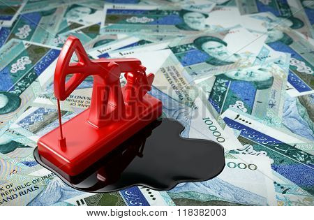 Pumpjack And Spilled Oil On Iranian Rials.