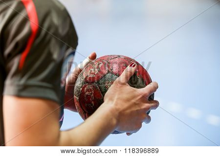 Undefined Hands Holding A Ball Prior To The Greek Women Cup Final Handball Game Arta Vs Nea Ionia