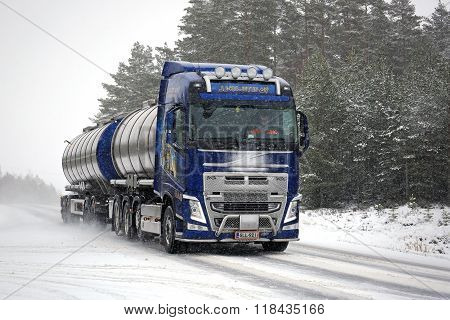Volvo FH Tank Truck On The Road In Snowfall