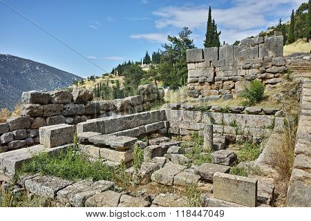 Panoramic view of Ancient Greek archaeological site of Delphi, Greece