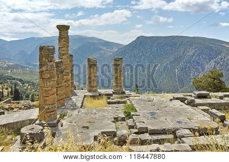 Panoramic view of The Temple of Apollo in Ancient Greek archaeological site of Delphi, Greece