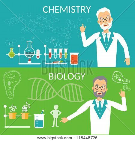 Education Banners Biology And Chemistry Research Scientist Experiment