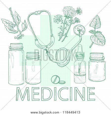 Herbal Medicine Alternative Medicine Concept Hand Drawn Elements Vintage Sketch