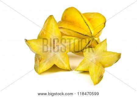 Two Averrhoa Carambola Starfruits Composition Isolated Over White Background