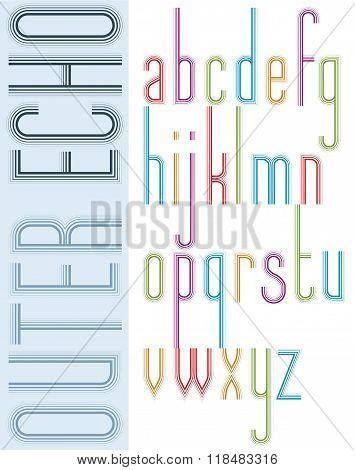 Poster Bright Echo Condensed Font, Striped Compact Light Lowercase Letters On White Background.
