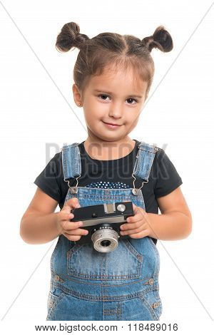 Baby Girl  With Vintage Camera Posing  In Studio.isolated