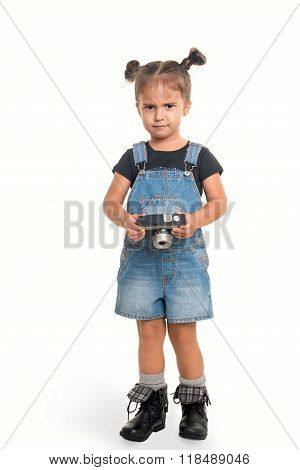 Baby Girl  With Vintage Camera Posing  In Studio.isolated