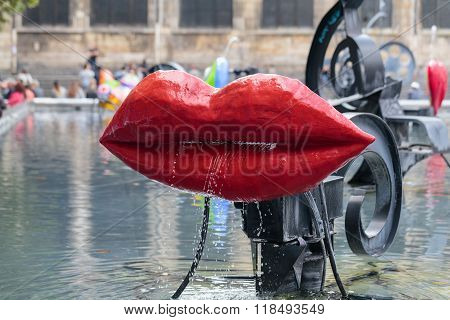 Paris France - September  2014:  Stravinsky Fountain In Paris Near The Arts Centre Pompidou