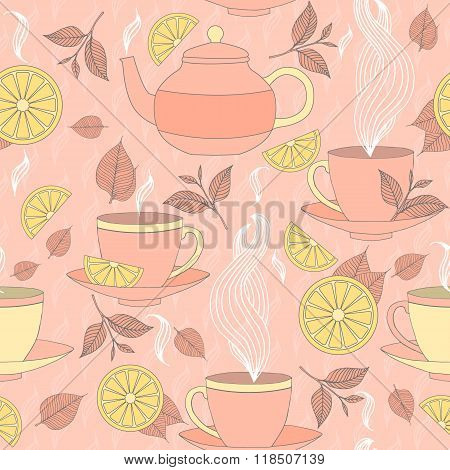Tea Time Seamless Pattern With Hand Drawn Doodle Elements. Breakfast Seamless  Pattern With Tea Pots