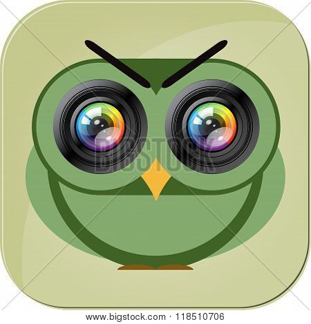 Owl camera icon. Photo lens