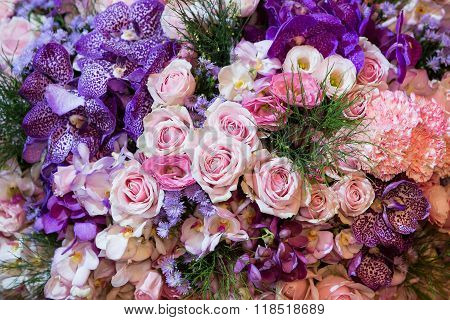 Wedding Bouquet With Rose Bush, Ranunculus Asiaticus As A Background