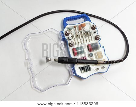 Flexible Shaft And Set Of Grinding Tools In The Plastic Box