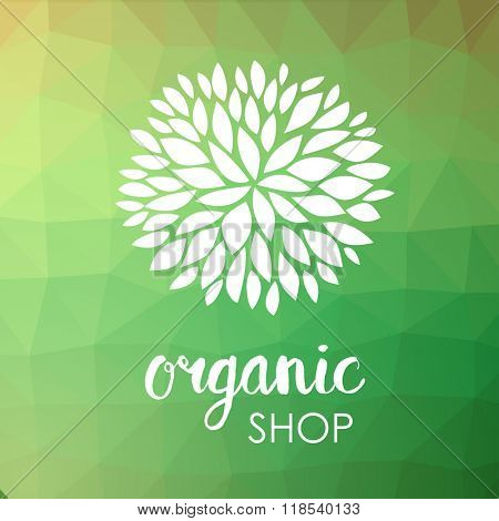 Floral logo. White flower on low poly green triangle pattern. Green life and organic ornamental concept. Can be used for organic shop or spa and beauty salon, yoga studio and healthy clinic.