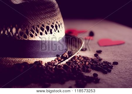 Hat with tape and   freshly roasted coffee beans