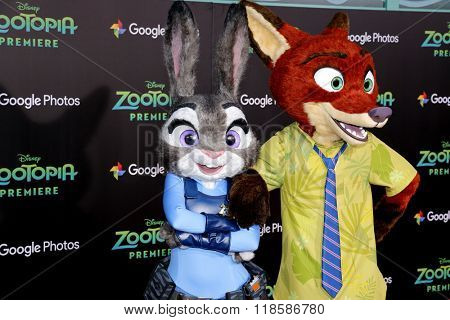 Characters Nick Wilde and Judy Hopps at the Los Angeles premiere of 'Zootopia' held at the El Capitan Theater in Hollywood, USA on February 17, 2016.