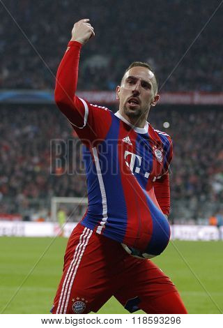 MUNICH, GERMANY - MARCH 11 2015: Bayern Munich's midfielder Franck Ribery celebrates scoring a goal during the UEFA Champions League match between Bayern Munich and FC Shakhtar Donetsk. 
