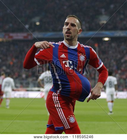 MUNICH, GERMANY - MARCH 11 2015: Bayern Munich's midfielder Franck Ribery celebrates scoring a goal during the UEFA Champions League match between Bayern Munich and FC Shakhtar Donetsk. 