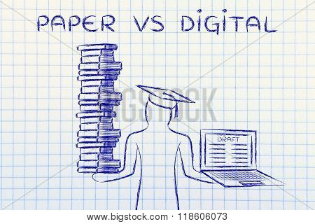 Graduate Holding Books And Laptop With Thesis Draft, Paper Vs Digital