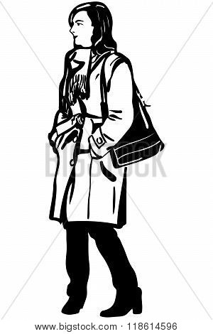Vector Sketch Of A Girl In A Coat With A Bag On His Shoulder