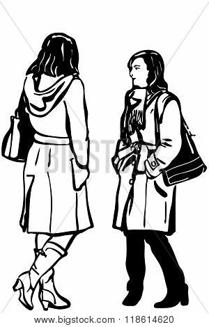 Vector Sketch Of Two Women Friends In Coat Standing Talking