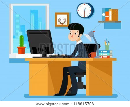 Businessman working  office at the desk with computer. Vector illustration in flat style