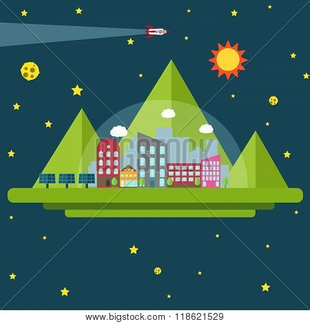 Conquest of space of the Moon. Future human colony. Space elements.