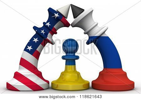 Ukraine - a pawn in the geopolitical game. Chess pieces - kings in the colors of flags of Russia and