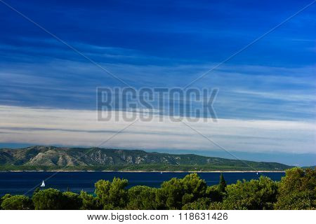 high angle view of  sea scenery, island and mountain in croatia