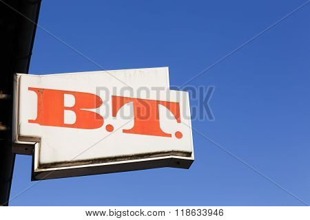 BT sign on a wall