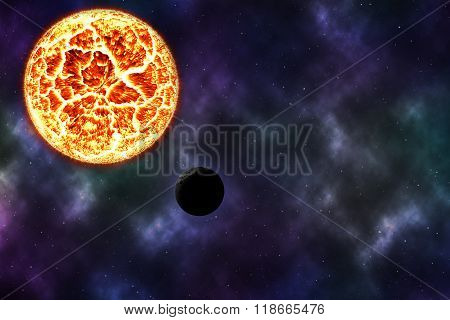 Solar Burn Dead Planet On Cosmos With Nebular