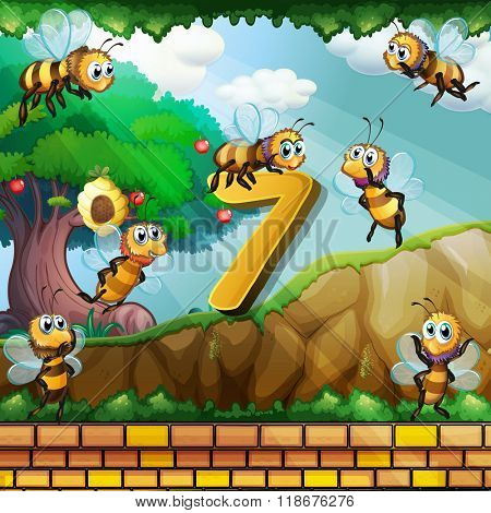 Number seven with 7 mushrooms in the forest illustration