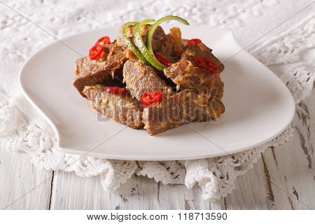 Rendang Beef With Spices Close-up On The Table. Horizontal
