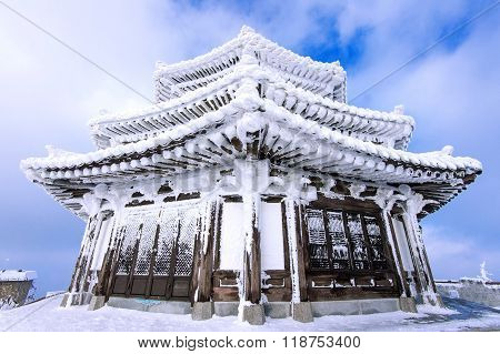 Wooden House Is Covered By Snow In Winter, Deogyusan Mountains South Korea.