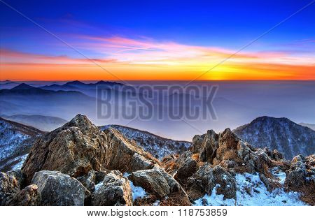 Beautiful Landscape At Sunset On Deogyusan National Park In Winter,south Korea.