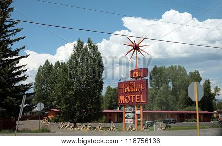 SOUTH PARK, COLORADO -- July 8, 2014 -- A Route 66 style motel sits gracefully on on southwestern Colorado roadside.