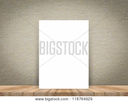 Blank White Paper Poster At Tropical Plank Wooden Floor And Paper Wall, Template Mock Up For Adding.