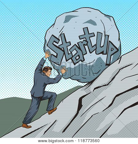 Businessman pushing a stone uphill pop art vector