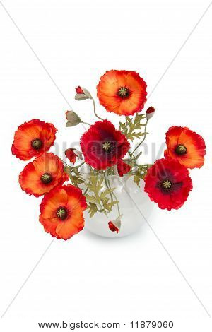 De afbeelding van een boeket van kunstmatige Poppies In een vaas, geïsoleerd op een witte achtergrond.