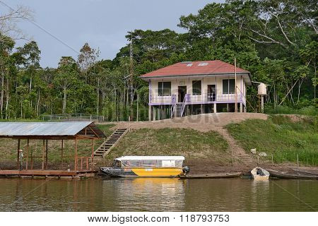 IQUITOS, PERU - OCTOBER 15, 2015: Pacaya Samiria. Ranger station at the National Park in the Peruvian Amazon.