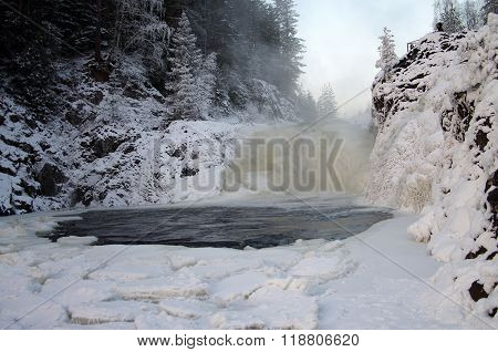 Frozen Waterfall Kivach In  Cloudy January Day. Karelia, Russia