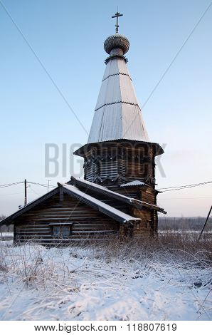 Kosmozero, Karelia, Russia - January, 2016: Church Of The Assumption In Kosmozero