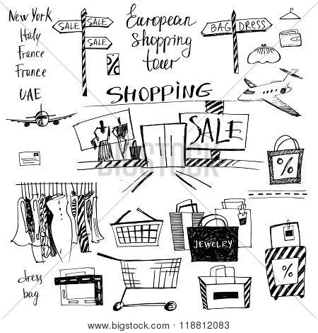 Vector set of hand-drawn for shopping and travel. Discounts, sho