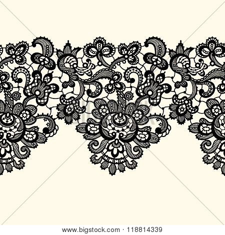 Horizontal Black Lace Ribbon. Vector Seamless Pattern.
