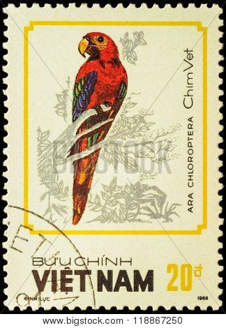 Bird Ara Chloroptera On Postage Stamp